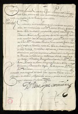 Certificación y copia literal de Pedro López Castañeira de la partida de matrimonio de Miguel de ...