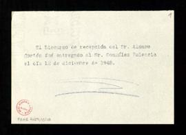 Nota con la fecha en que el discurso de recepción de Alonso Cortés fue entregado a González Palencia