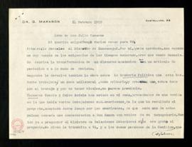 Carta de Gregorio Marañón a Julio Casares que acompaña la devolución del discurso de Zunzunegui, ...