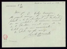 Carta de Jacinto Benavente a Julio Casares en la que le pide que agradezca en su nombre a la Acad...