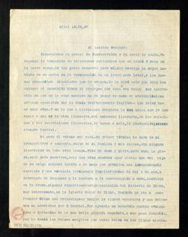 Carta de Pedro Salinas a Melchor Fernández Almagro en la que le felicita por haber terminado su l...