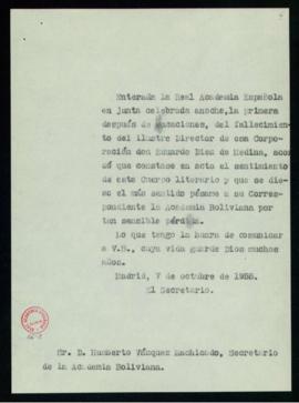 Copia sin firma del oficio de pésame del secretario a Humberto Vázquez Machicado, secretario de l...