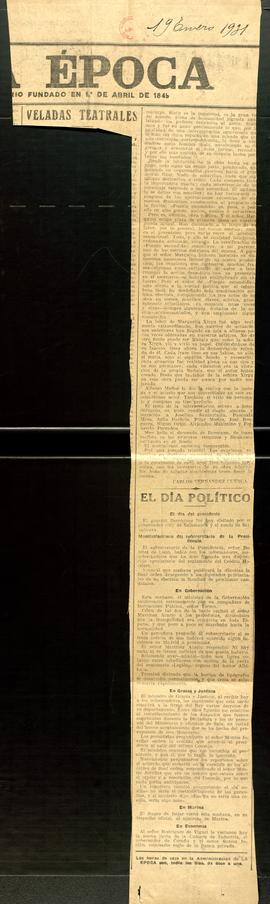 Recorte del diario La Época con la noticia sobre la recepción pública de Ignacio Bolívar