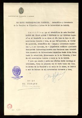Certificado de Manuel Fernández-Galiano Fernández, catedrático y secretario de la Facultad de Fil...