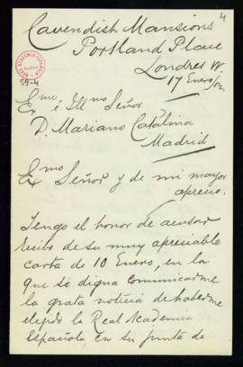 Carta de Martin A. S. Hume a Mariano Catalina en la que acusa recibo de la comunicación de su ele...