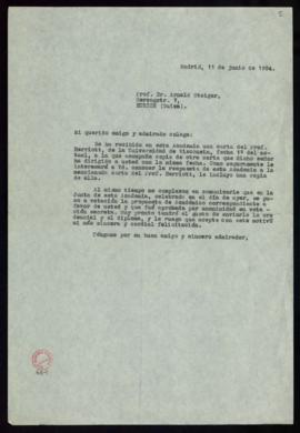 Copia de la carta de Julio Casares a Arnald Steiger sobre la carta enviada a J. Homer Herriott y ...