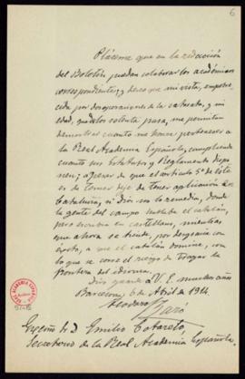 Carta de Teodoro Baró al secretario, Emilio Cotarelo, en la que manifiesta que le parece un acier...