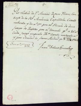 Recibo de Francisco Solano González de 192 reales de vellón por haber pasado por el tórculo doce ...
