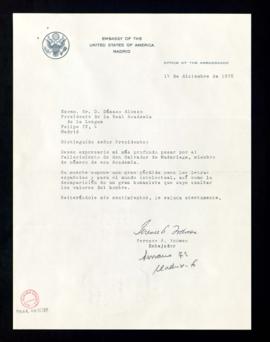 Carta de Terence A. Todman, embajador de los Estados Unidos de América, a Dámaso Alonso, en la qu...