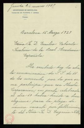Carta de Antonio Rubió y Lluch al secretario, Emilio Cotarelo, en la que acusa recibo de la comun...