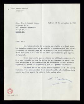 Carta de Jesús Prados Arrarte a Dámaso Alonso, director de la Real Academia Española, en la que l...
