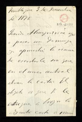 Carta de Emilio Castelar a Melchor Almagro con la que le remite una carta para que se la dé a Ore...