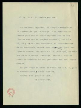 Minuta del oficio del secretario a C. F. Adolf van Dam de traslado de su designación como represe...