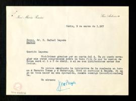 Carta de José María Pemán a Rafael Lapesa en la que le sugiere un par de fechas para la sesión de...