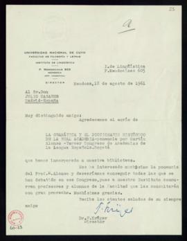 Carta de Fritz Krüger a Julio Casares en la que le agradece el envío del folleto de Martín Alonso...