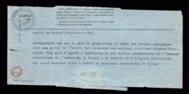 Telegrama de Robert de Boisseson, embajador de Francia, a la Real Academia Española en el que rue...