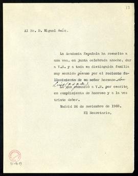 Copia sin firma del oficio de pésame del secretario a Miguel Asín por la muerte de su hermano Luis