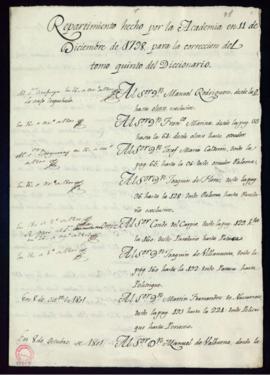 Repartimiento hecho por la Academia en 11 de diciembre de 1798 para la corrección del tomo quinto...