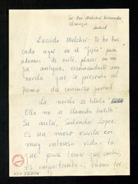 Carta de Eugenio Montes a Melchor Fernández Almagro en la que le dice que le ha buscado en el Gij...