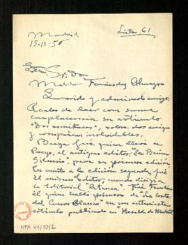 Carta de Ramón Goy de Silva a Melchor Fernández Almagro en la que le dice que ha leído con suma c...