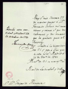 Orden de Manuel de Lardizábal del pago a Fernando Selma de 1920 reales de vellón por dos cabecera...