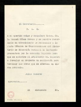 Copia sin firma del besalamano de Julio Casares a Manuel Gómez-Moreno para recordarle su ofrecimi...