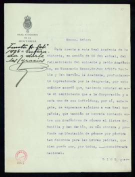 Oficio de pésame del secretario interino de la Real Academia de la Historia, Vicente Castañeda, a...