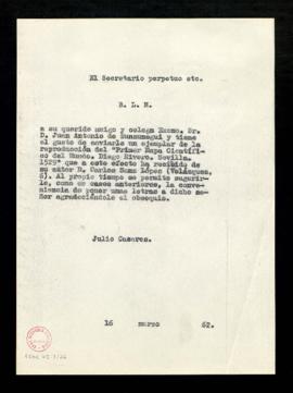 Copia del besalamano de Julio Casares a José Antonio de Zunzunegui con el que le envía un ejempla...