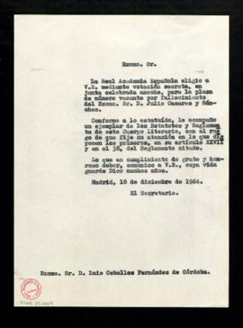 Copia del oficio de comunicación del secretario a Luis Ceballos Fernández de Córdoba de su elecci...