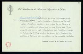 Carta del secretario general de la Academia Argentina de Letras, Alfredo de la Guardia, al secret...