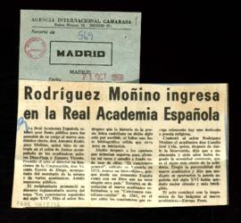Recorte del diario Madrid con la crónica titulada Rodríguez Moñino ingresa en la Real Academia Es...