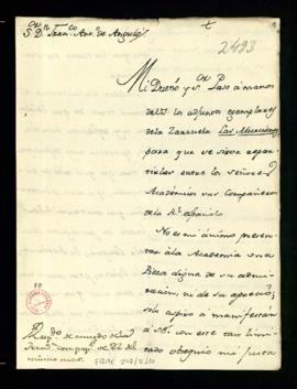 Carta de Ramón de la Cruz [Cano y Olmedilla] a Francisco Antonio de Angulo con la que adjunta, a ...