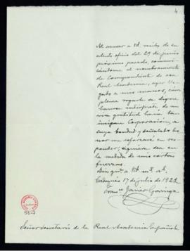 Carta de Francisco Javier Garriga al secretario en la que acusa recibo de su nombramiento como ac...