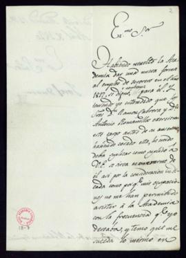 Carta de José Duaso [al duque de San Carlos] en la que solicita que le dispense del cargo de teso...
