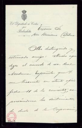 Carta de F[rancisco] Silvela al secretario, Mariano Catalina, de agradecimiento a la Academia por...