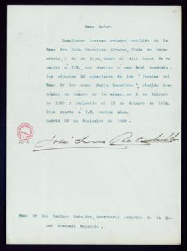 Carta de José Luis Retortillo al secretario, Mariano Catalina, con la que remite a la Academia po...