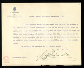 Carta de Miguel Primo de Rivera, presidente del Consejo de Ministros, a Ramón Menéndez Pidal en l...