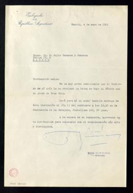 Carta de Héctor d’Andrea, embajador de la República Argentina, a Julio Casares para comunicarle q...