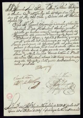 Orden del marqués de Villena del libramiento a favor de Manuel de Villegas y Oyarvide de 391 real...