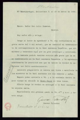 Carta de Gunnar Tilander a Julio Casares en la que le agradece la prontitud en comunicarle su nom...
