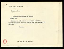 Copia del telegrama de pésame de Julio Casares a la Academia Argentina de Letras con motivo del f...