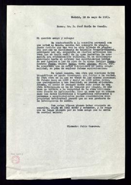 Copia sin firma de la carta de Julio Casares a José María de Cossío con su contestación a la cons...