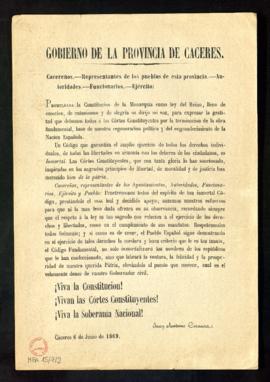 Proclama del gobierno de la provincia de Cáceres a favor de la Constitución de 1896