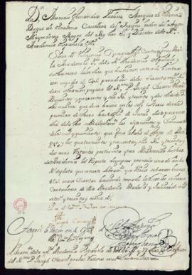 Orden de Mercurio Fernández Pacheco del libramiento a favor de José Casani de 1246 reales de vell...
