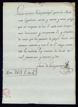 Recibo de Juan de Undajáuregui de 263 reales de vellón por los pliegos escritos para la Academia