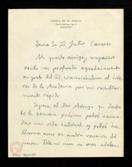 Carta de Ramón Menéndez Pidal a Julio Casares para agradecer el interés de la Academia por su pro...