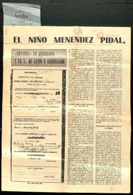 Recorte del diario Arriba con el artículo El niño Menéndez Pidal, escolar en Burgos, por Dionisio...