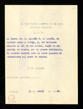 Copia del besalamano de Julio Casares a Agustín G. de Amezúa que acompaña una tarjeta para la Jun...