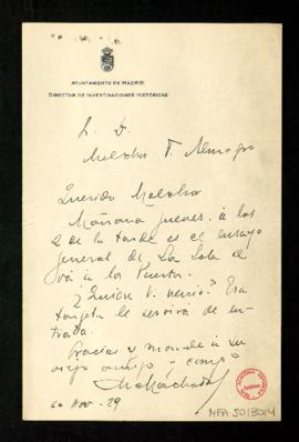 Carta de Manuel Machado, director de Investigaciones Históricas del Ayuntamiento de Madrid, a Mel...