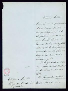 Carta del vizconde de Oña al director [el conde de Cheste] de comunicación del fallecimiento de s...